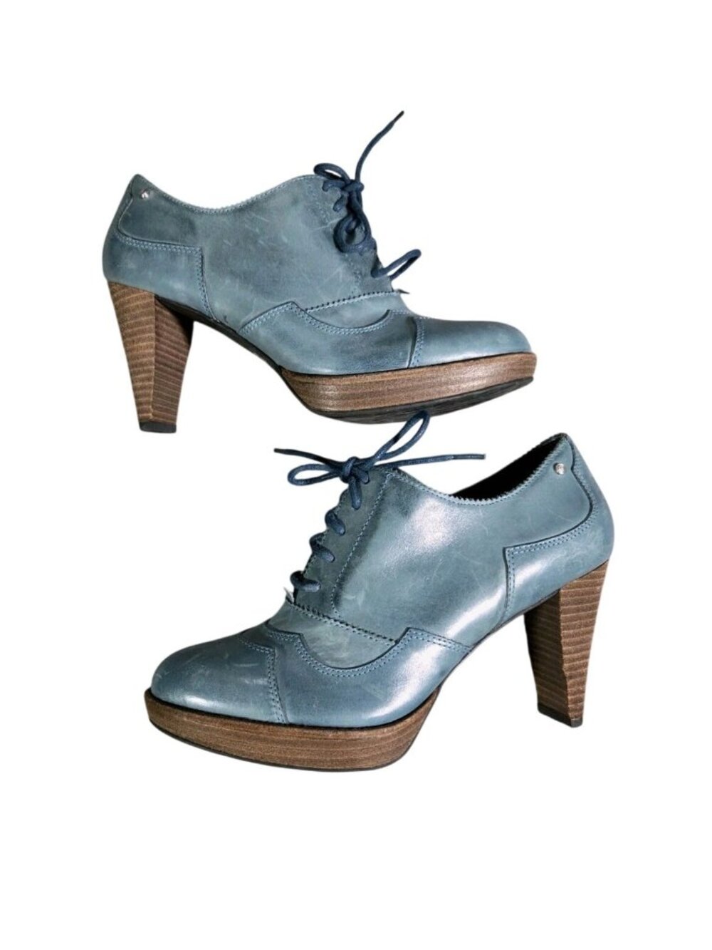 Y2K Rockport Womens Blue Leather Oxford Heels Platform Sz 7M Retro 70s 90s
